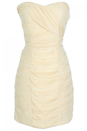 Pleated Chiffon Strapless Dress in Cream